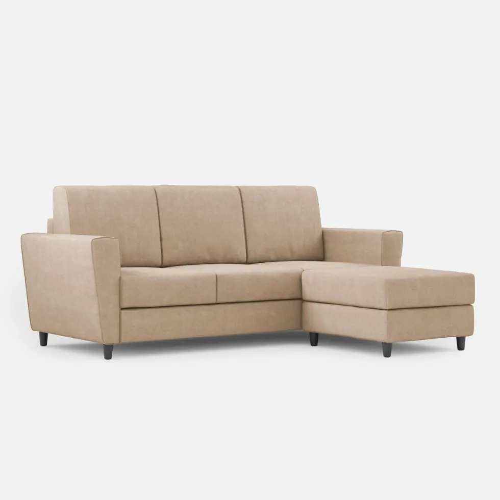 Divano 212x85cm design a tre posti con piedini in legno e pouf idrorepellente beige DI39
