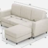 Divano 212x85cm design a tre posti con piedini in legno e pouf idrorepellente bianco latte DI39