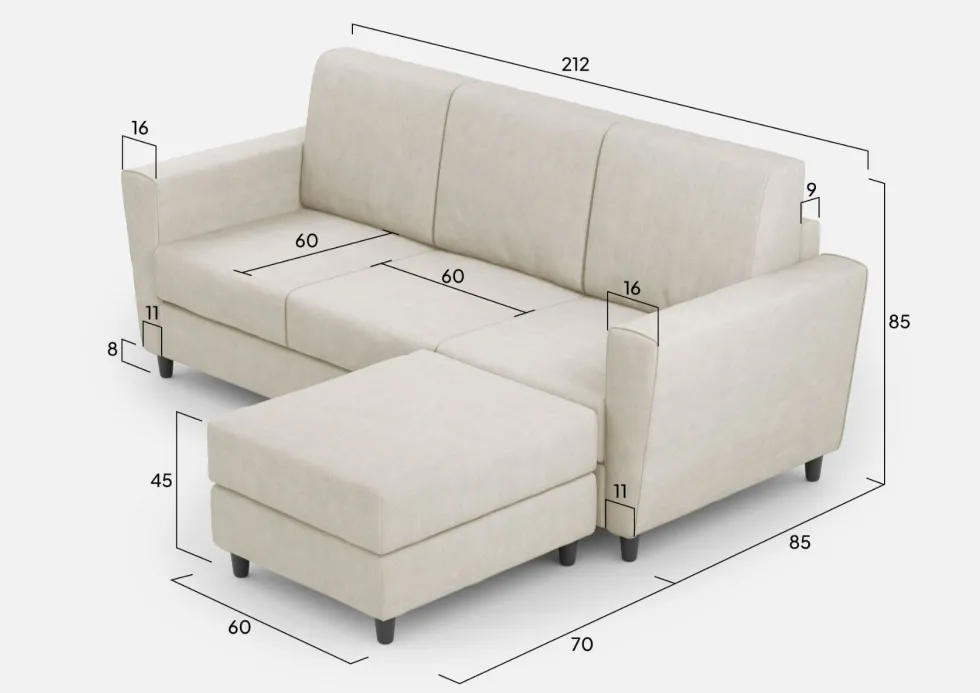 Divano 212x85cm design a tre posti con piedini in legno e pouf idrorepellente bianco latte DI39