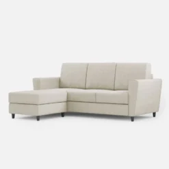 Divano 212x85cm design a tre posti con piedini in legno e pouf idrorepellente bianco latte DI39