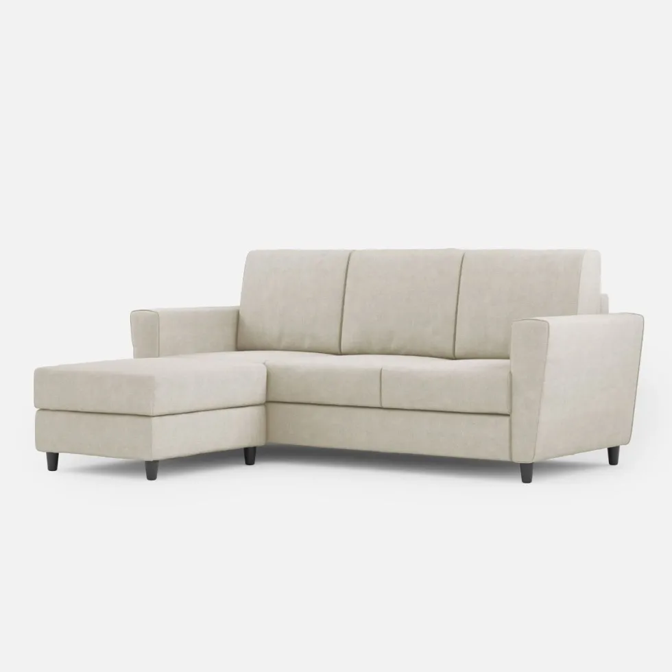 Divano 212x85cm design a tre posti con piedini in legno e pouf idrorepellente bianco latte DI39
