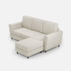 Divano 212x85cm design a tre posti con piedini in legno e pouf idrorepellente bianco latte DI39
