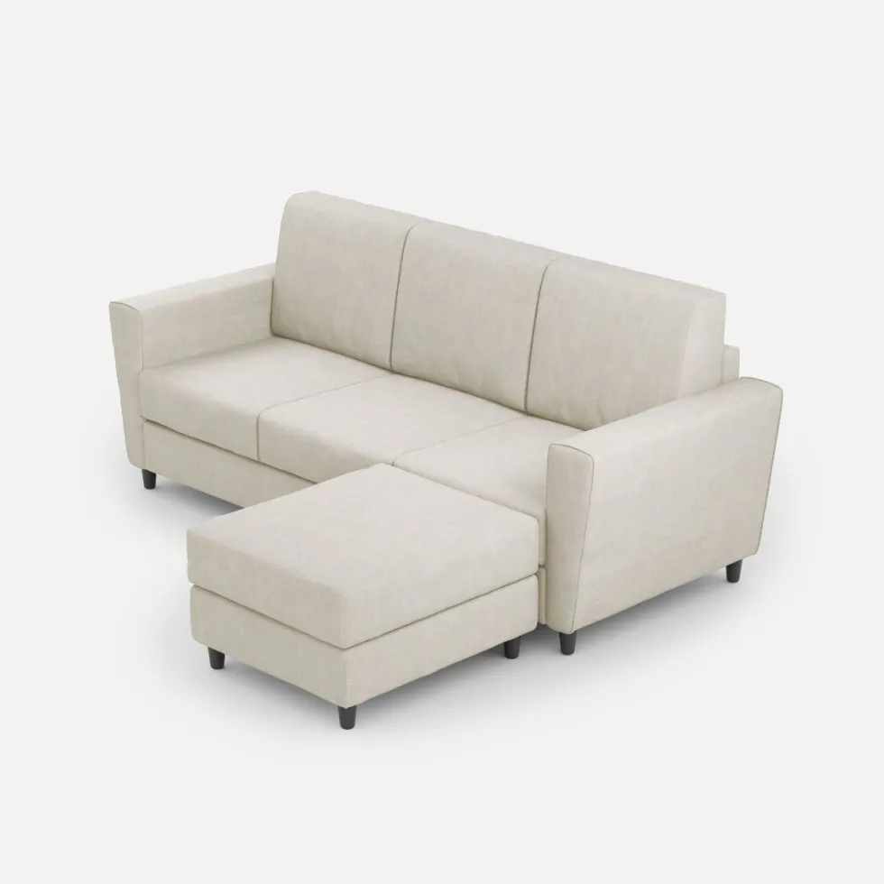 Divano 212x85cm design a tre posti con piedini in legno e pouf idrorepellente bianco latte DI39