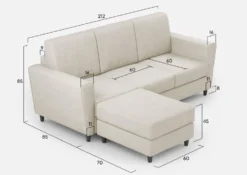 Divano 212x85cm design a tre posti con piedini in legno e pouf idrorepellente bianco latte DI39