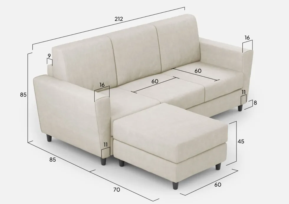 Divano 212x85cm design a tre posti con piedini in legno e pouf idrorepellente bianco latte DI39