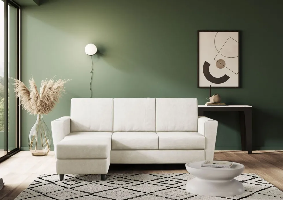 Divano 212x85cm design a tre posti con piedini in legno e pouf idrorepellente bianco latte DI39