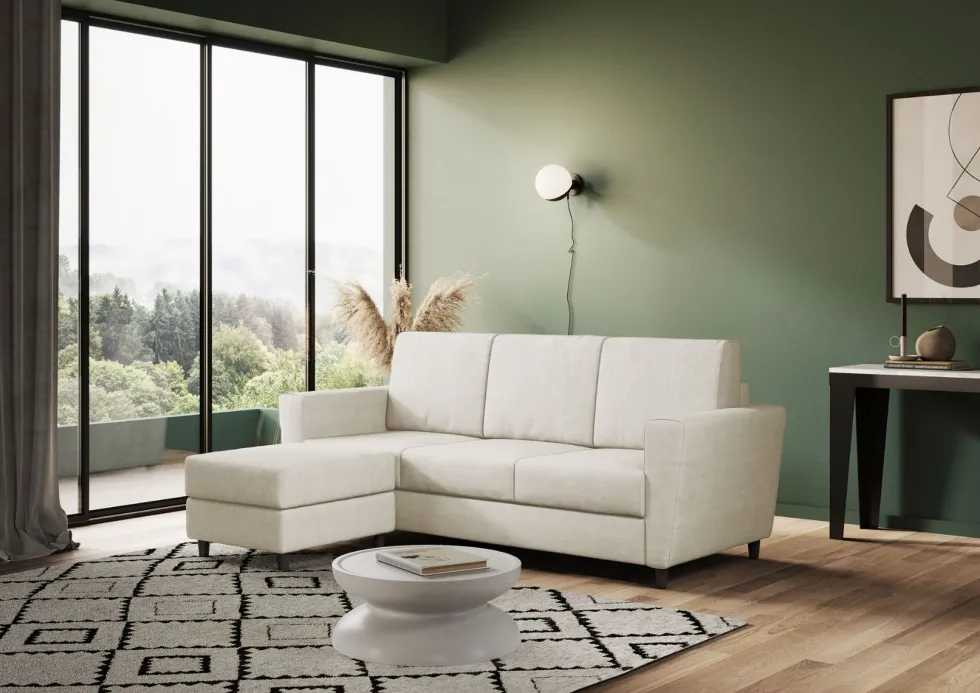 Divano 212x85cm design a tre posti con piedini in legno e pouf idrorepellente bianco latte DI39