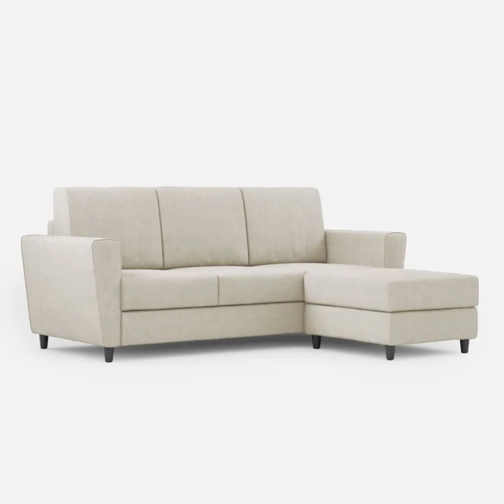 Divano 212x85cm design a tre posti con piedini in legno e pouf idrorepellente bianco latte DI39