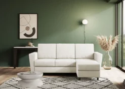 Divano 212x85cm design a tre posti con piedini in legno e pouf idrorepellente bianco latte DI39