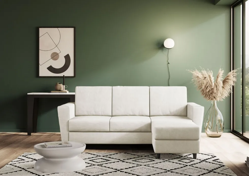 Divano 212x85cm design a tre posti con piedini in legno e pouf idrorepellente bianco latte DI39