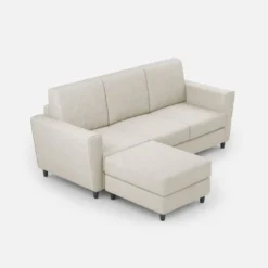 Divano 212x85cm design a tre posti con piedini in legno e pouf idrorepellente bianco latte DI39
