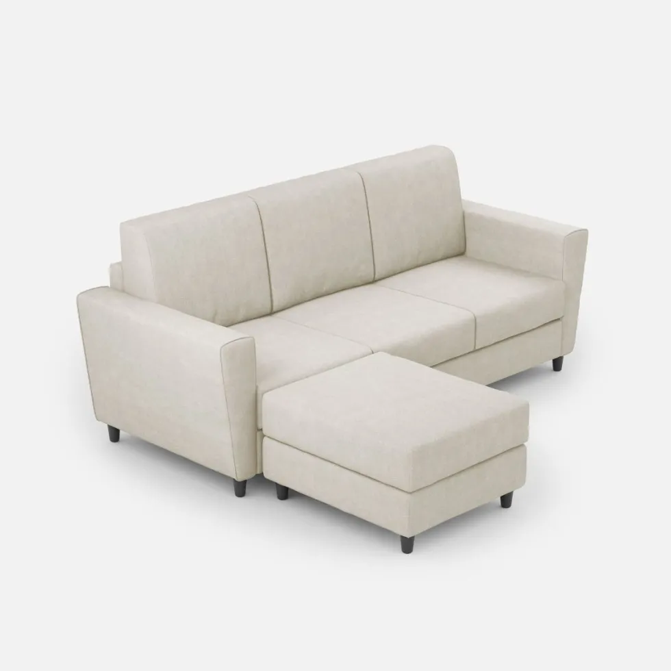Divano 212x85cm design a tre posti con piedini in legno e pouf idrorepellente bianco latte DI39