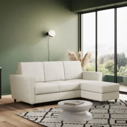 Divano 212x85cm design a tre posti con piedini in legno e pouf idrorepellente bianco latte DI39