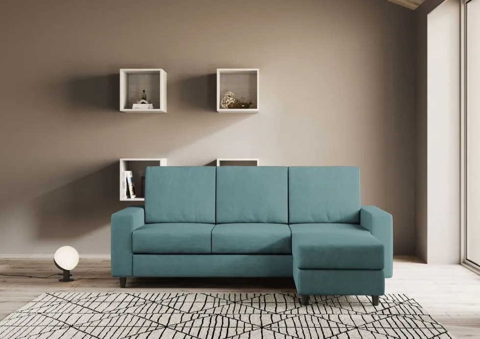 Divano 208x85cm design a tre posti con bracciolo moderno quadrato e pouf blu petrolio DI17