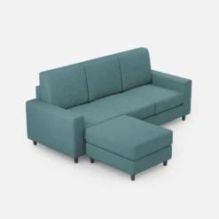 Divano 208x85cm design a tre posti con bracciolo moderno quadrato e pouf blu petrolio DI17