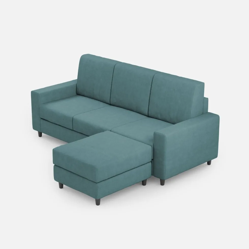 Divano 208x85cm design a tre posti con bracciolo moderno quadrato e pouf blu petrolio DI17