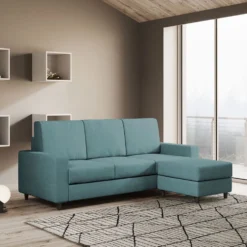 Divano 208x85cm design a tre posti con bracciolo moderno quadrato e pouf blu petrolio DI17