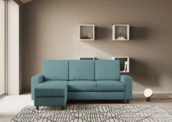 Divano 208x85cm design a tre posti con bracciolo moderno quadrato e pouf blu petrolio DI17
