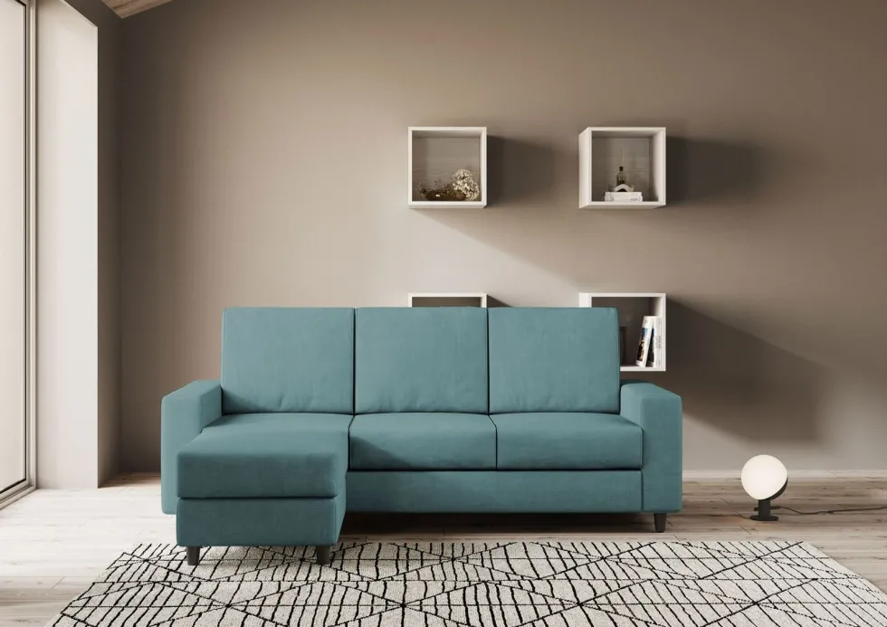Divano 208x85cm design a tre posti con bracciolo moderno quadrato e pouf blu petrolio DI17