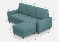 Divano 208x85cm design a tre posti con bracciolo moderno quadrato e pouf blu petrolio DI17