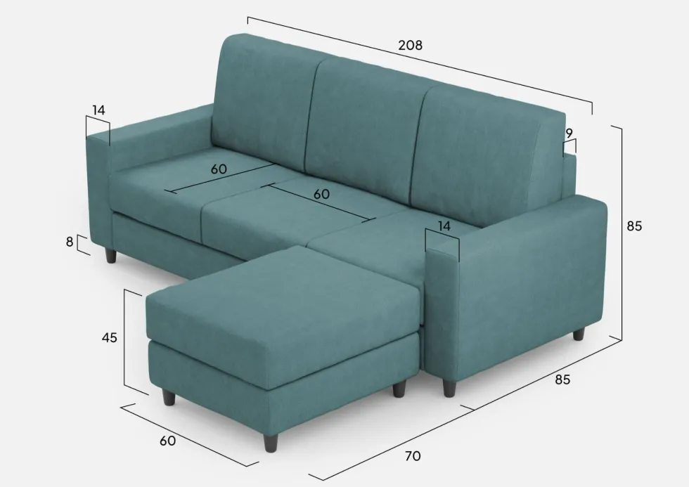 Divano 208x85cm design a tre posti con bracciolo moderno quadrato e pouf blu petrolio DI17