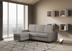 Divano 208x85cm design a tre posti con bracciolo moderno quadrato e pouf grigio DI17