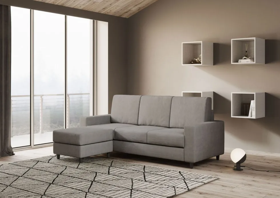 Divano 208x85cm design a tre posti con bracciolo moderno quadrato e pouf grigio DI17