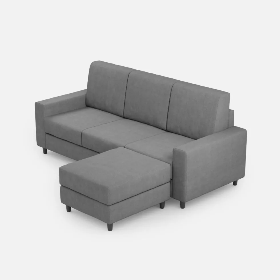 Divano 208x85cm design a tre posti con bracciolo moderno quadrato e pouf grigio DI17