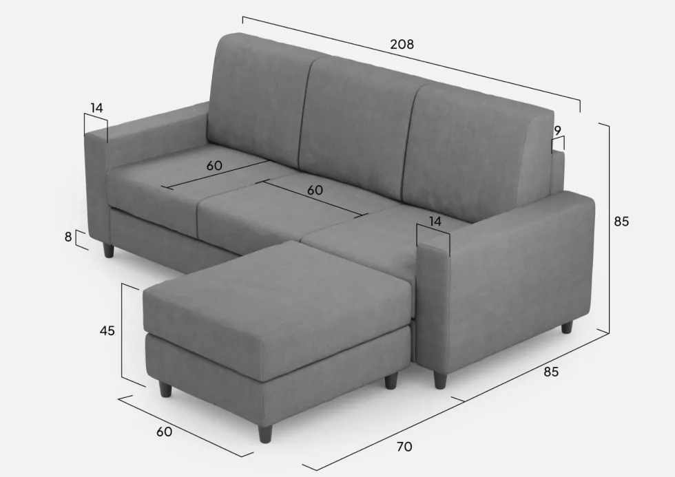 Divano 208x85cm design a tre posti con bracciolo moderno quadrato e pouf grigio DI17