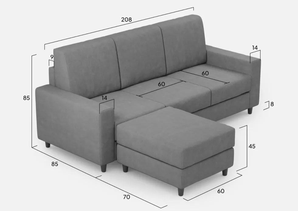 Divano 208x85cm design a tre posti con bracciolo moderno quadrato e pouf grigio DI17
