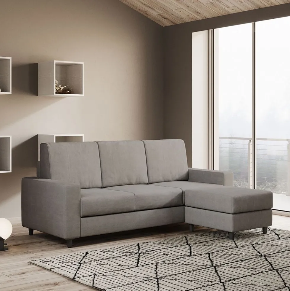 Divano 208x85cm design a tre posti con bracciolo moderno quadrato e pouf grigio DI17