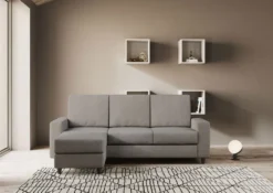 Divano 208x85cm design a tre posti con bracciolo moderno quadrato e pouf grigio DI17