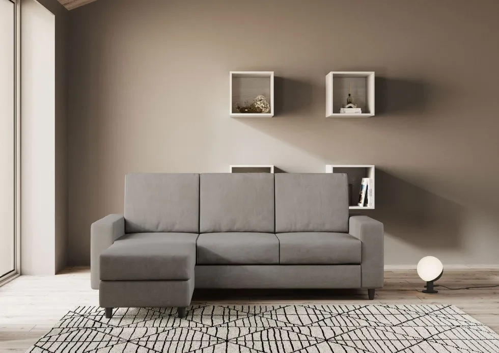 Divano 208x85cm design a tre posti con bracciolo moderno quadrato e pouf grigio DI17