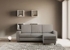 Divano 208x85cm design a tre posti con bracciolo moderno quadrato e pouf grigio DI17