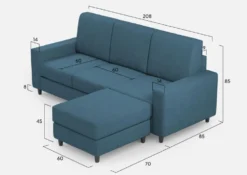 Divano 208x85cm design a tre posti con bracciolo moderno quadrato e pouf blu avio DI17