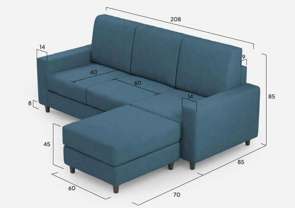 Divano 208x85cm design a tre posti con bracciolo moderno quadrato e pouf blu avio DI17