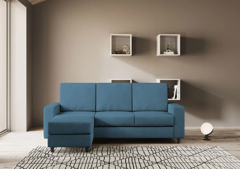 Divano 208x85cm design a tre posti con bracciolo moderno quadrato e pouf blu avio DI17