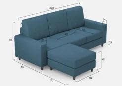 Divano 208x85cm design a tre posti con bracciolo moderno quadrato e pouf blu avio DI17