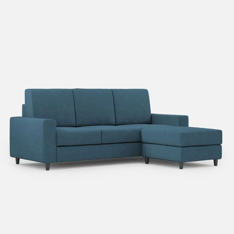 Divano 208x85cm design a tre posti con bracciolo moderno quadrato e pouf blu avio DI17