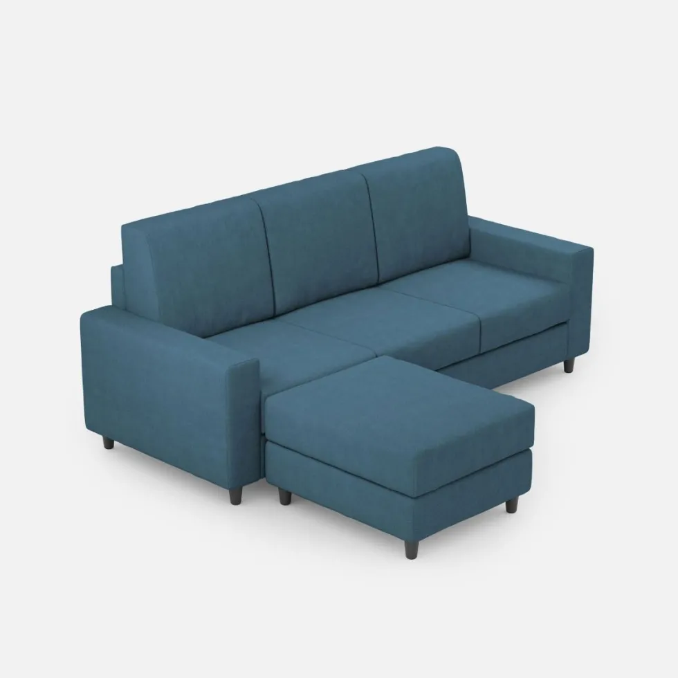 Divano 208x85cm design a tre posti con bracciolo moderno quadrato e pouf blu avio DI17