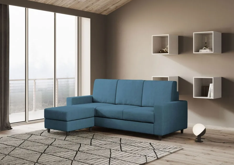 Divano 208x85cm design a tre posti con bracciolo moderno quadrato e pouf blu avio DI17