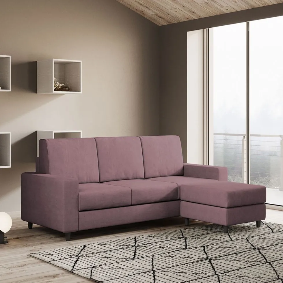 Divano 208x85cm design a tre posti con bracciolo moderno quadrato e pouf prugna DI17