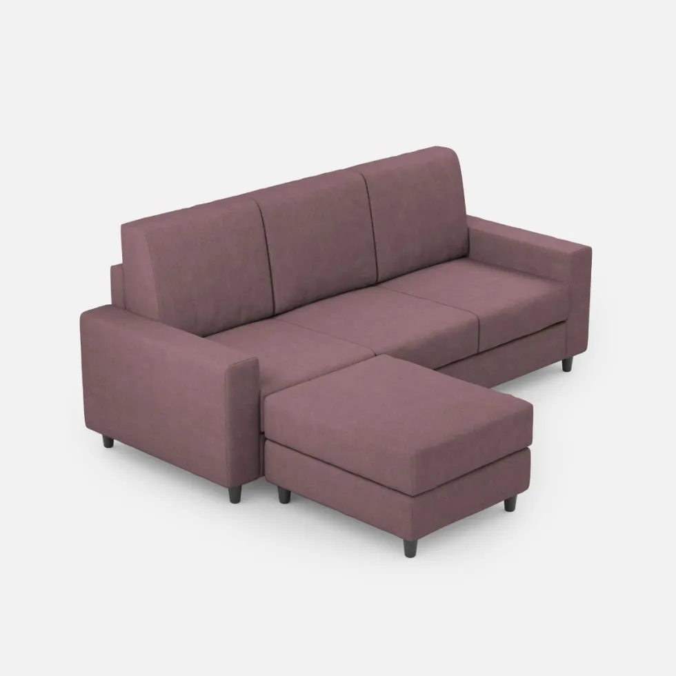 Divano 208x85cm design a tre posti con bracciolo moderno quadrato e pouf prugna DI17