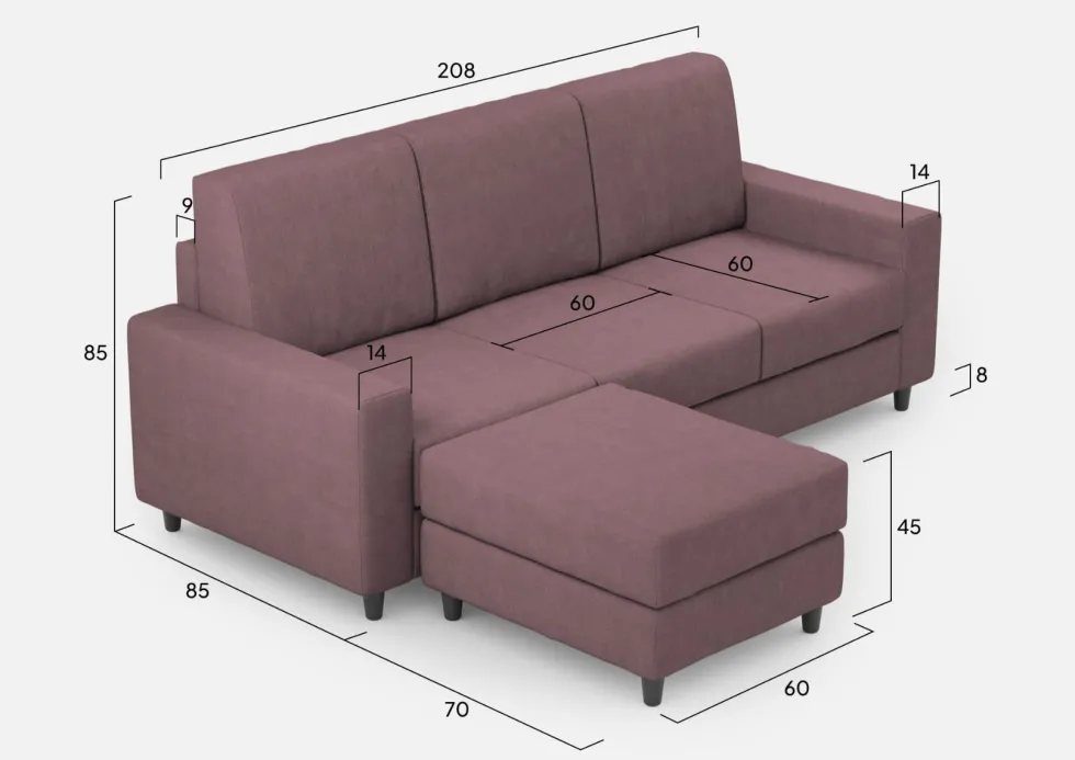 Divano 208x85cm design a tre posti con bracciolo moderno quadrato e pouf prugna DI17