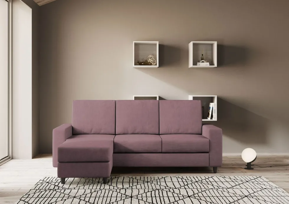 Divano 208x85cm design a tre posti con bracciolo moderno quadrato e pouf prugna DI17