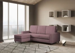 Divano 208x85cm design a tre posti con bracciolo moderno quadrato e pouf prugna DI17