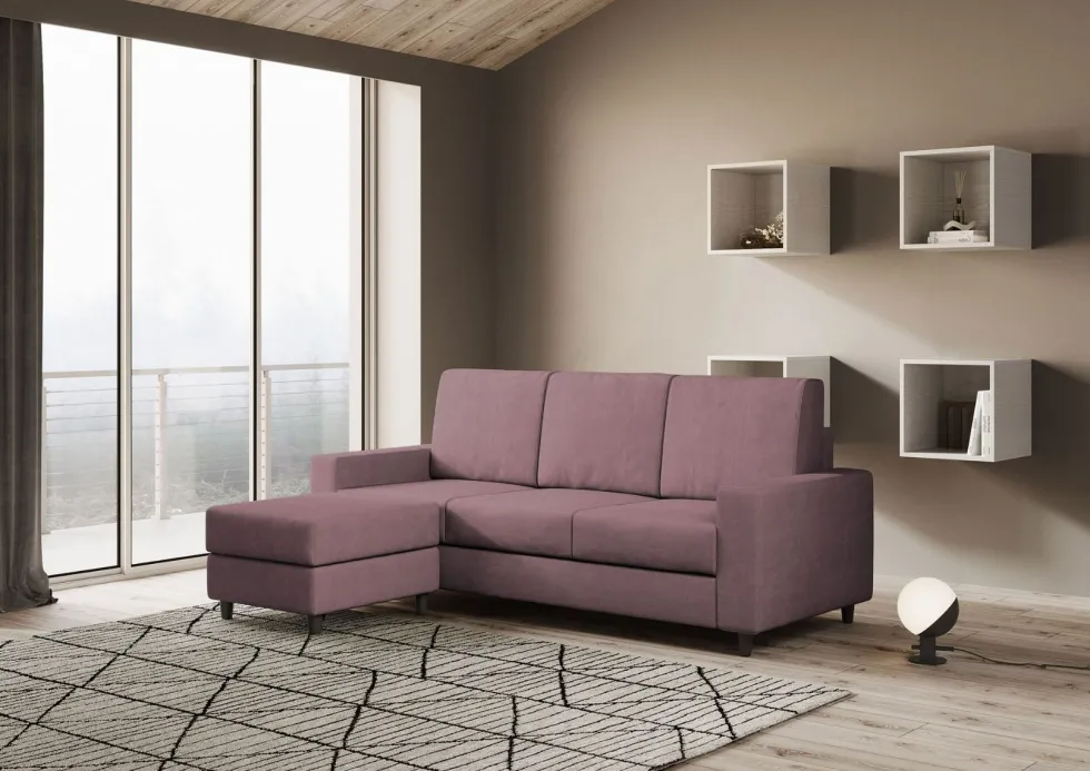 Divano 208x85cm design a tre posti con bracciolo moderno quadrato e pouf prugna DI17