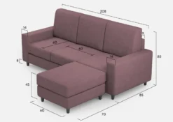 Divano 208x85cm design a tre posti con bracciolo moderno quadrato e pouf prugna DI17
