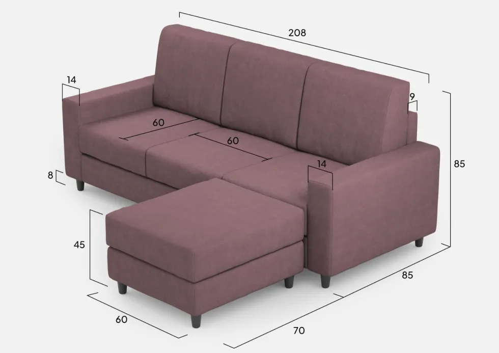 Divano 208x85cm design a tre posti con bracciolo moderno quadrato e pouf prugna DI17