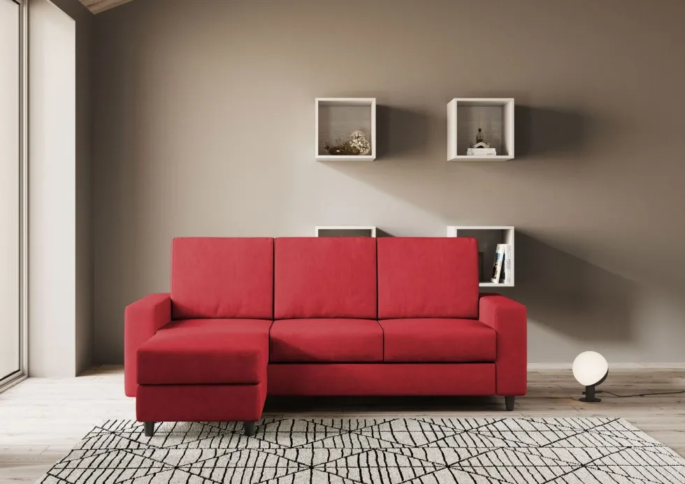 Divano 208x85cm design a tre posti con bracciolo moderno quadrato e pouf rosso DI17